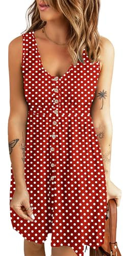 AUSELILY Sommerkleid Damen Casual Button Down Mini Kleid Cute V Neck Strandkleid mit Taschen Polka Dot Rot Weiß L