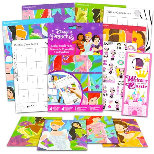 Disney Prinzessinnen-Sticker-Puzzle-Pack – Bündel mit 4 Disney Prinzessinnen-Aufkleber-Puzzles für Kinder im Alter von 3–5 Jahren plus Bonus-Sticker, mehr | Disney Prinzessinnen-Aktivitätsset für
