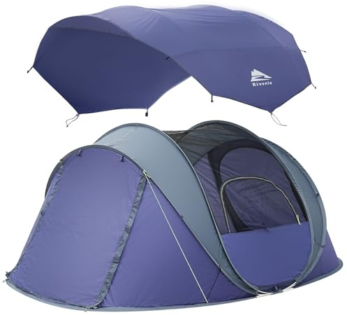 4 Personen Easy Pop Up Zelte, wasserdichte Instant-Familienzelte mit großem Oberlicht & abnehmbarem Regenschutz, automatischer einfacher Aufbau mit 2 Fenstertüren, Campingzelt, Himmel für Wandern &
