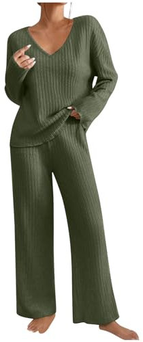 Ribbed Lounge Wear Sets for Women Uk 2 Pieces Co Ord Sets Tracksuit Full Set Ladies Pjs Sets Loungewear Knitted Ribbed Bottom Lounge Wear Suit Set Women's Tracksuit Sleepwear Homewear