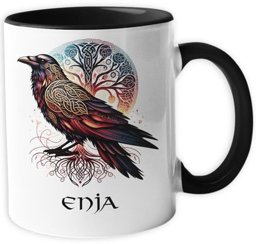 Personalisierte Wikinger Tasse | Motiv Yggdrasil, die Weltenesche und Rabe | mit Namen personalisiert, Keramik Kaffeetasse Metbecher mit Wunschname 330 ml 31
