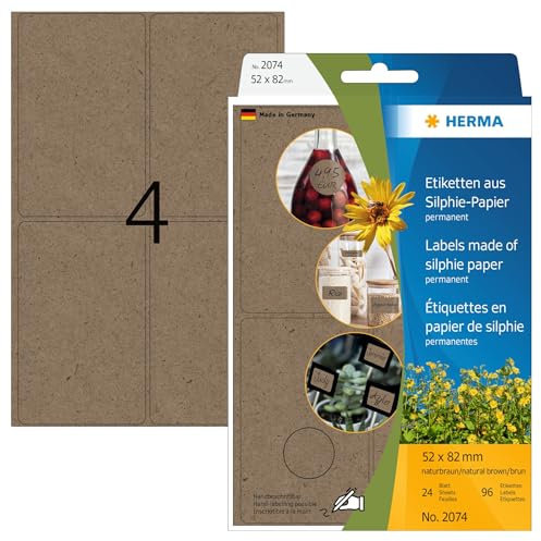 HERMA 2074 Vielzweck-Etiketten aus Graspapier, 24 Blatt, 52 x 82 mm, 4 Stück pro Bogen, 96 Aufkleber, selbstklebend, Haushaltsetiketten zum Beschriften, Silphie-Papier Klebeetiketten, natur-braun