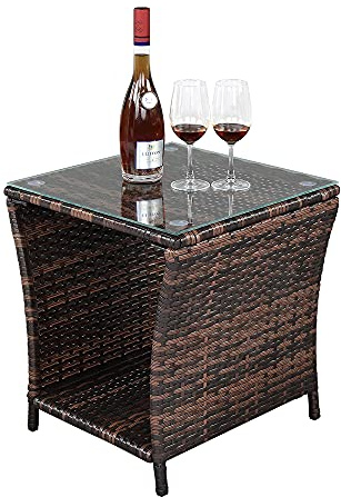 VINGLI Outdoor Wicker Side Table Patio Side Tables for Outside, Tempered Glass Top Wicker Table with Storage End Table for Balcony Porch Deck (Brown)