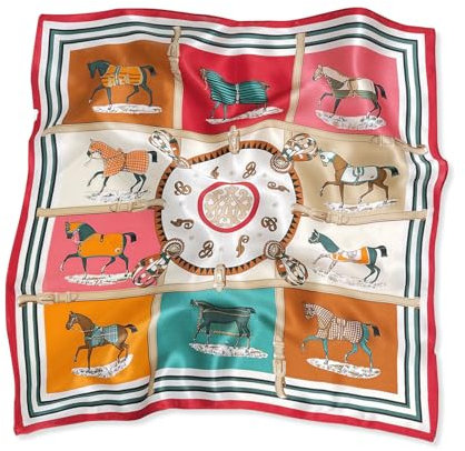 LumiSyne Seidenschal Damen Quadratischer Schal Vintage Pferd Muster Leicht Satin Kleiner Vierecktuch Multifunktional Halstuch Bandana Kopfschmuck Haarschal Griff Wrap Ribbon 53×53cm