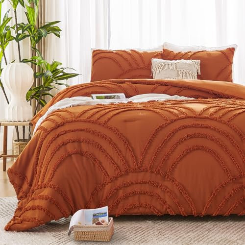 ENJOHOS Bettwaren-Set mit Steppdecke, Einzelbett-Größe (Twin Size), 2-teilig, Boho-Stil, getuftetes Regenbogen-Muster, flauschige leichte Mikrofaser, alle Jahreszeiten, 1 Kissenbezug, Rostorange