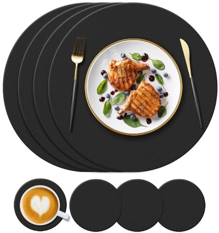 KERYCHIN Round Silicone Placemats(34cm) and Coasters(10cm) Set of 4, Heat-Resistant 450 °F Place mats, Non-Slip and Washable, Table Mats for Restaurant, Hotel, Kitchen Glass Dining Table, Black