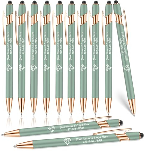 OXYEFEI Rosegold Kugelschreiber mit Gravur, 10Farben mit Personalisierte Stifte Hochwertig Metall Touchpen mit Text Muster oder Logo für Touchscreens 12 Stück(Grün)