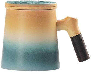 fanquare Ceramic Tea Mugs with Wood Handle, Yellow and Blue Tea Cup with Infuser and Lid, Tea Steeping Mug for Brewing Loose Leaf