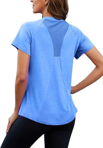 Nekosi Sportshirt Damen Kurzarm, Rundhals Back Mesh Sport Oberteile Damen, Elastisches leichtes atmungsaktives Funktionsshirt geeignet für Fitness Sports Lauf Yoga hellblau L