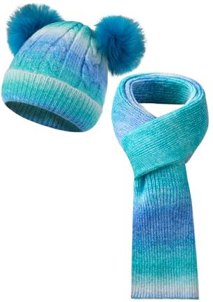 SERENYOU Kinder Winter Mütze Schal Set Jungen Mädchen Doppel Pompon Mütze mit dicken gestrickten warmen Schal Blau