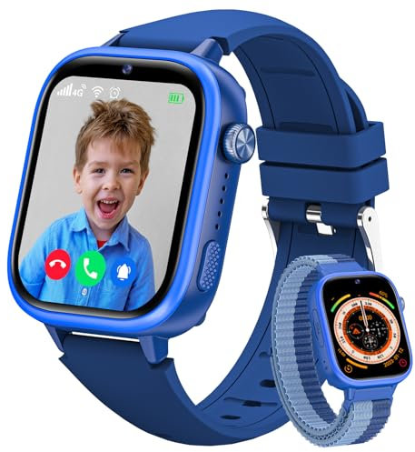 Minilandia Reloj Inteligente Niño 4G, Reloj para Niño con GPS y Llamadas, Smartwatch con SIM, SOS, Chat, Videollamada, Modo Clase, IP68, Podómetro, Reloj Inteligente Niño Regalo para 4-12 Años, Azul