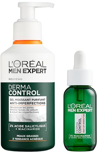 L'Oréal Men Expert - Routine Anti-Imperfections - Gel Moussant Purifiant + Sérum - Enrichie en Acide Salicylique & Niacinamide - Derma Control - 260 ml + 30 ml
