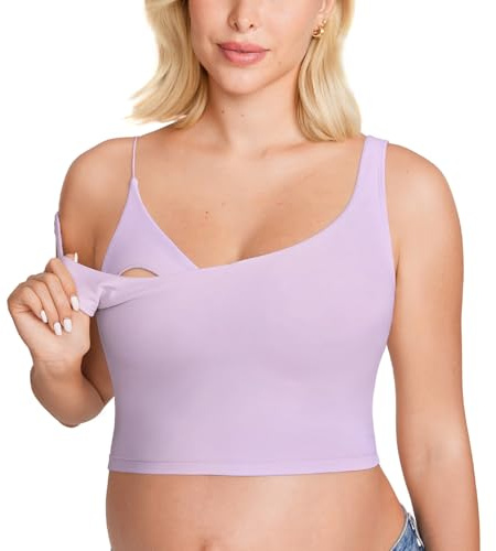 MOMANDA Nursing Tank Top V Neck Sports Tank with Built in Bra Padded Breastfeeding Sleeveless Crop Tops Lilac Air S