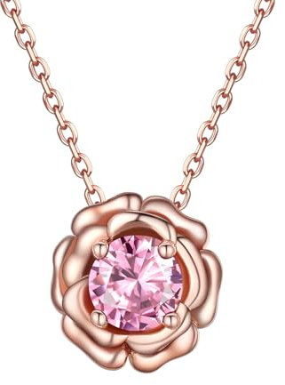 FOCALOOK Collier Femme Fleur Rose en Vermeil Orné de Tourmaline en Zircon Cubique, Chaîne Pendentif avec Pierre de Naissance d'Octobre
