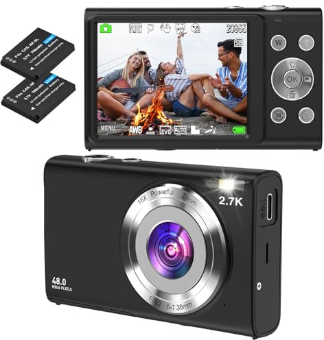 Digital Camera, Autofocus Compact Camera HD 2.7K 48MP with 2.8 Large Screen, 16X Digital Zoom, Portable Mini Camera for Photography, Suitable for Kids,Adult,Beginners(Black)