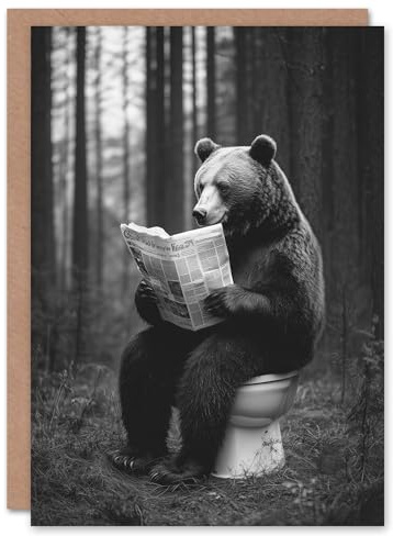 Artery8 Greeting Card Grizzly Bear Toilet Newspaper Black White Forest Blank For Him Or Her Art Birthday Card