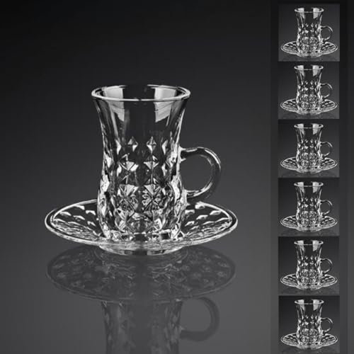 Juego de 6 vasos de cristal turco, vasos transparentes con asa, cristalería vintage, vasos y bandeja para café y té, decoración de cocina