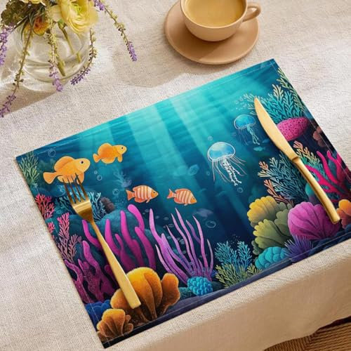 4 Pezzi Sottopiatti Barriera Corallina Meduse Pesci, Tovagliette Lavabili, 30 x 45 cm Tovagliette Rettangolari Stampate in Lino, Adatto a cucina, soggiorno, sala da pranzo, bar