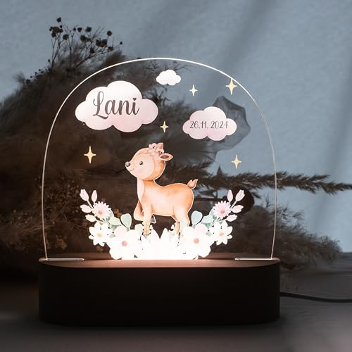 minipishop® Baby Nachtlicht Lampe personalisiert Motiv REH rosa - Personalisierte Geschenke Baby - Babygeschenke zur Geburt Mädchen - Nachtlicht Kinder dimmbar - Nachtlampe mit Namen LED