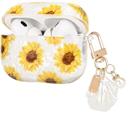 DiyGody Glitzernde Tasche Kompatibel mit Airpods Pro/Pro 2 Generation mit Schlüsselanhänger, Ultradünn TPU Schutzhülle mit Sonnenblumen Muster, Stoßfeste Anti-Rutsch Anti-Staub Kein Geruch Hülle