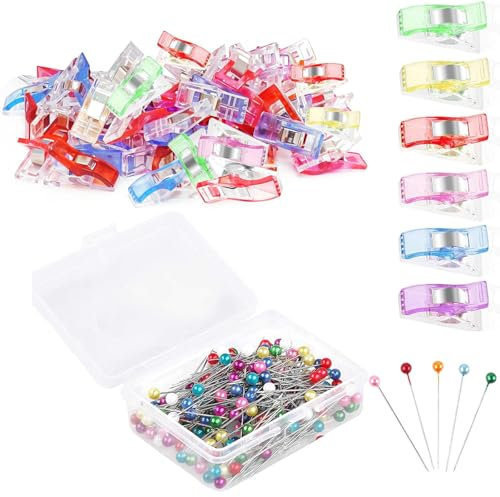 UCLEVER 50 Pcs Sewing Clips for Fabric Quilting Clips, 100 Pcs Sewing Straight Pins for Dressmaking Crafting Hanging Objects