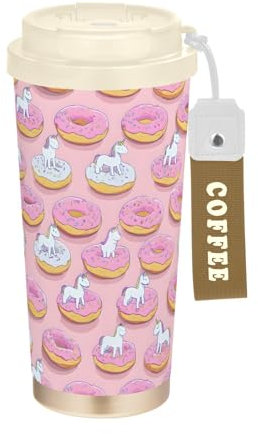 OWFKAY Gobelet isotherme anti-fuite, réutilisable à double paroi, 500 ml avec paille à rabat en acier inoxydable, gobelet de voyage à motif licorne et beignet
