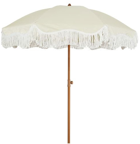 AYKNINGD Sombrilla con Flecos, Sombrilla Terraza Exterior Sombrilla Bohemia con Flecos for Patio al Aire Libre, 2 Metros, UPF50+, con borlas, Poste de Acero y botón de inclinación.(Light Beige)