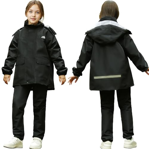 Domueay Vattentät jumpsuit för pojkar och flickor, lätt, ventilerande, 2 fickor, regntät och 8–14 år, Svart, 13-14 anni