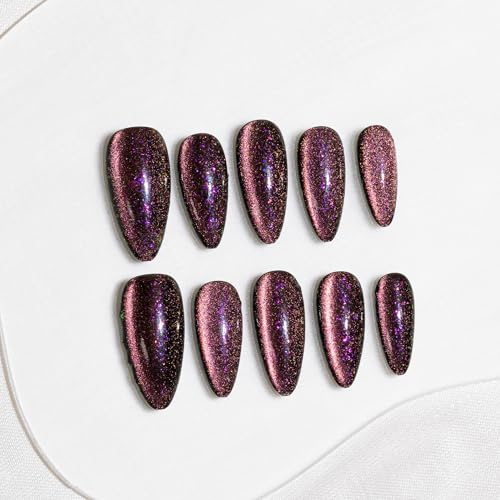 Sun&Beam Nails Handmade Press-On Nails Medium Almond Burgundy (#258 S) | Handmade 10-piece set in burgundy with multicolor glitter accents and subtle shimmer.