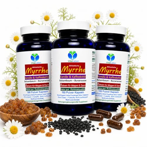 MYRRHE + KAMILLE + KAFFEEKOHLE 540 Pulver Kapseln (3x180) für den gestressten Darm nach AYURVEDA und Hildegard von Bingen - NATUR pur - OHNE ZUSATZSTOFFE [für 9 Monate] 27160-5