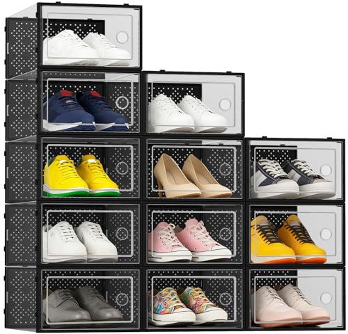 MAXALANCE Shoe Storage Box 12 pcs, Stackable Shoe Boxes Clear Plastic Shoe Organizer Shoe Containers with Lids for Women/Men