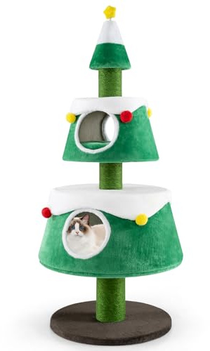 FANTASK Großer Weihnachtsbaum-Kratzbaum, Kratzbaum mit 2 Katzenhöhlen & Sisal-Kratzsäulen & Spielzeug & Plüschkissen, Kätzchenspiel-Aktivitätscenter für Weihnachten, 59 x 153 cm (Grün)