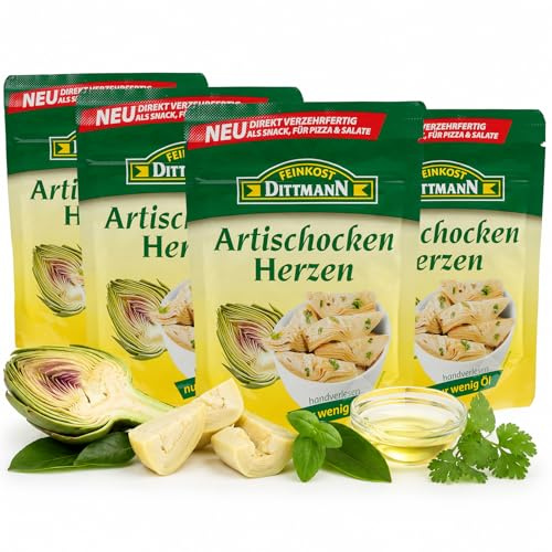 Feinkost Dittmann Artischockenherzen 125g – 4er Pack – Verzehrfertig | Zarte Artischocken in Kräutermarinade – Antipasti, ideal für Salate, Pizza, Pasta & mediterrane Gericht