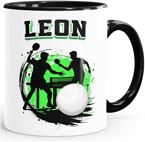 MoonWorks® Kindertasse Tischtennis Design Tasse Lieblingssport personalisiert mit Name Geschenkidee Tischtennis-Spieler Jungen Mädchen Weiss-innen-schwarz standard