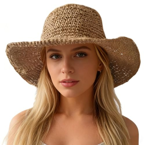 KXF Summer Beach Straw Sun Hats for Women Ladies Floppy Foldable Straw Sun Caps Summer Wide Brim Packable Womens Outdoor Hat