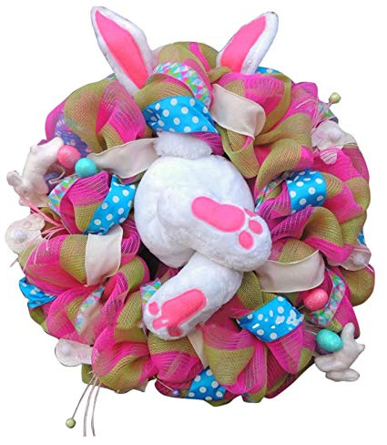 Osterkranz mit Hasen-Pop & Ohren, 55 cm – Niedlicher Türkranz in Pink, Weiß, Blau. Frühlingsdekoration für Haustür, Wohnung & Garten
