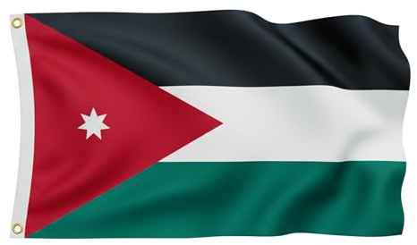 Jordanien Fahne 90x150 cm für die WM 2026 - Premium Flagge mit Stern & 2 goldenen Metallösen - Wetterfester Fanartikel Schwarz-Weiß-Grün - 100% Polyester für Mast & Balkon