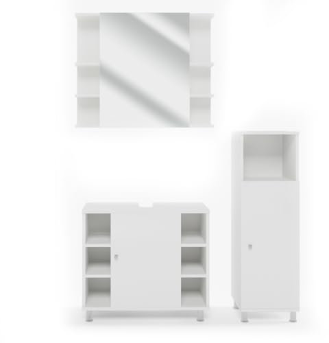 Vicco Badmöbel-Set Weiß Fynn, bestehend aus Bad Spiegelschrank, Waschbeckenunterschrank, Midischrank - mit Fächern für Flexible Aufbewahrung