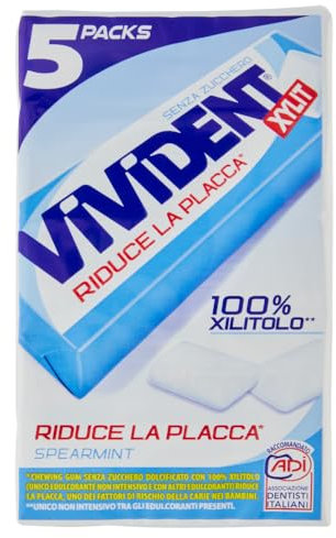 Vivident Xylit, Chewing Gum, Gusto Menta, Senza Zucchero, Senza Glutine, con Xilitolo, Confenzione da 5 Stick ciascuno da 10 Gomme da Masticare