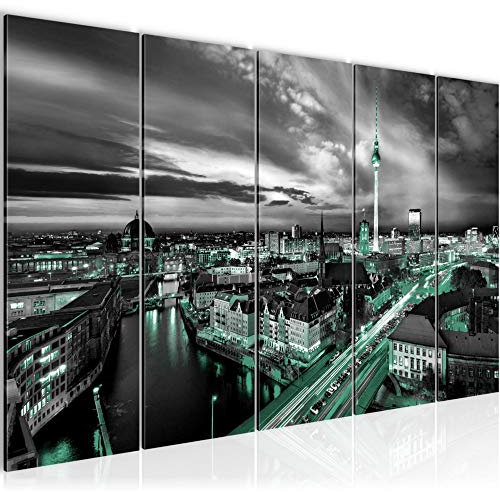 Runa Art Wandbild XXL Berlin Skyline Büro Wohnzimmer 200 x 80 cm Schwarz Türkis 5 Teilig - Made in Germany - 004355b