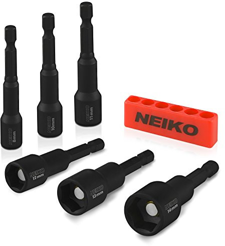 NEIKO 10191A Magnetic Nut Driver Set, 6 Piece Impact Nut Driver Set, MM, 8 to 14mm, 2-9/16” Long Nut Driver Bit Set for Impact Drill, Cr-V Metric