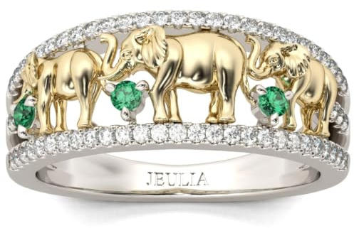 Jeulia 1.5 Karat Elefant Ring Ehering für Frauen 18 Karat vergoldet Verlobungsring Set Zweifarbige Rundschliff Zirkonia Ringe Jubiläumsversprechen Romantisches Geschenk (52（16.5）, Grün)