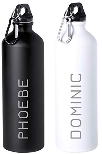 eBuyGB Personalised 800ml Aluminium Reusable BPA Free Matt Water Bottle with Carabiner Clip - Unisex Custom Name - Use for School, Gym, Outdoor, Yoga & Sports (Black)