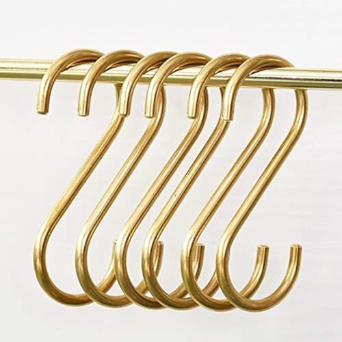 6 Stück, S-Haken Gold, S Förmige Haken aus Messing zum Aufhängen, Topf, Pfanne, Kaffeetassen, Gestellhaken für Küche Badezimmer Schlafzimmer