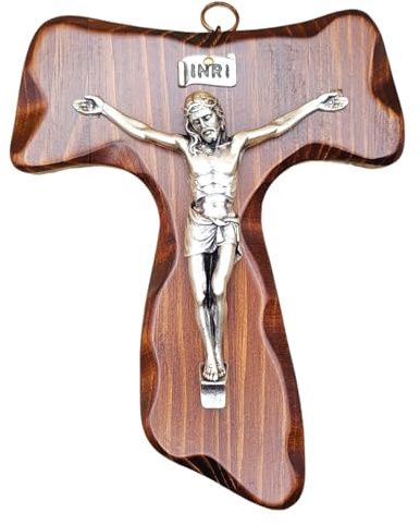 La Balestra Wandkreuz Tau – Kunsthandwerk Made in Italy Christus und INRI versilbert 999 – Wandkreuz aus Holz, Pflege und Präzision der Details des gekreuzigten Jesus – 15 x 12 cm