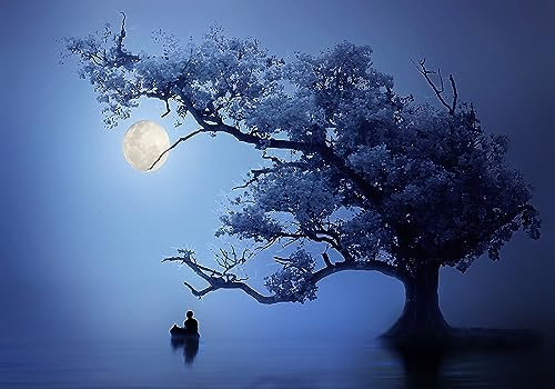 Wesmilewallpaper Papier Peint 3D Intissé Murales Arbre De Nuit De Lune Bleue Zen 400x280cm Papier Peint Panoramique Tapisserie Peinture Géant Poster Photo