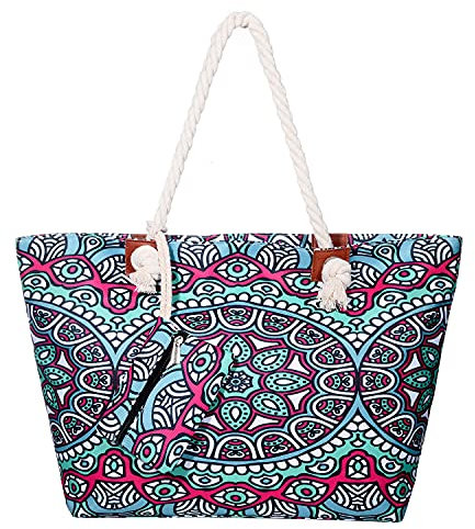 DonDon Strandtasche mit Reißverschluss, Große Strandtasche XXL, Shopper Tasche Damen - Praktische Beach bag Umhängetasche Damen Badetasche für Strand und Meer - Indian Temple