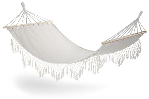 VonHaus Boho Fringe Hammock - Beige Hammock with Woven Fringe Detailing - Portable & Compact Bohemian Style 1 Seater Swing Seat - Easy Assembly 1 Person with Strong, Durable Rope Attachments