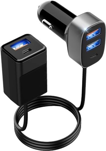 ZOETEC 5 Multi USB C Car Charger, 78W Fast Car Adapter with 5FT Cable Support Front & Back Seat Charging, Cigarette Lighter USB Charger for Multiple Devices Compatible with Samsung, iPhone