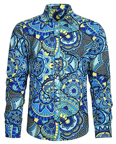 HISDERN Camisa para Hombre Casual Florales Azules Camisas de Manga Larga con Botones Elegante Funky Impresión Camisas Fiesta Hawaiana S